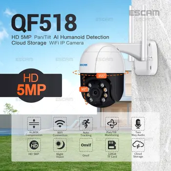 ESCAM QF518 5MP Pan/Tilt AI Humanoid Detection Автоматическое Отслеживание Облачное Хранилище WiFi IP-камера с Двусторонним аудио Ночного Видения