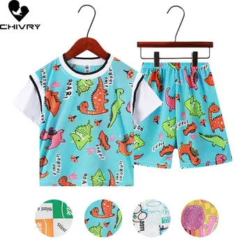 Новинка 2023 года, летняя футболка с буквенным принтом динозавра из мультфильма для маленьких мальчиков, топы с шортами и коротким рукавом, комплекты одежды для мальчиков