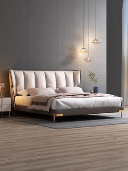 Кожаная кровать итальянская легкая экстравагантная чрезвычайно простая спальня современная простая коробка для хранения высокая свадебная кровать