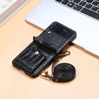 Складной чехол для Samsung Galaxy Z Flip 5 4 с крокодиловым принтом, защищенный карманом для Rfid-карты, подставкой для шнурка, кожаным чехлом