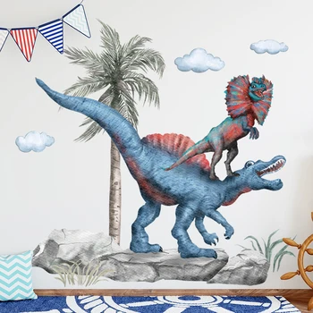105 см × 105 см, Наклейки на стену с двумя большими динозаврами, наклейки на стены в стиле мальчика для детской комнаты, наклейки для украшения вечеринки с животными, Детская комната