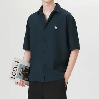 Мужская рубашка HAZZYS из ледяного шелка, тонкий стиль, Средний короткий рукав, Летняя Новая корейская свободная футболка с защитой от морщин, мужская рубашка, одежда