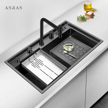 ASRAS-8048NJ нанотехнологичное покрытие матовая черная раковина 304 из нержавеющей стали кухонная раковина выдвижной кран Бесплатная доставка