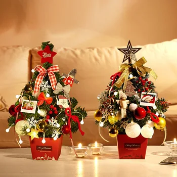 Рождественское мини-украшение для Рождественской елки с лампой 50 см, настольная Рождественская елка, Золотисто-красный набор