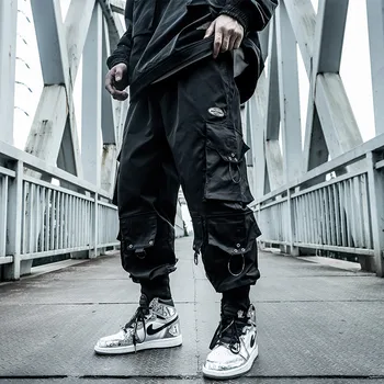 Брюки десантника Harajuku, Мужская одежда, Свободные Модные Брюки-карго в стиле хип-хоп с завязками, Комбинезон с несколькими карманами на завязках, хип-хоп