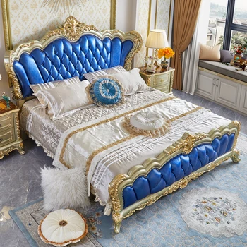 Двуспальная кровать в европейском стиле, роскошная вилла, главная спальня, свадебная кровать из цельного дерева, верхний слой из воловьей кожи