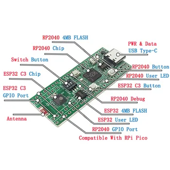 Raspberry Pi Pico RP2040 + ESP32 C3 с двумя микроконтроллерами, чип RP2040, двойной микроконтроллер WIFI Bluetooth