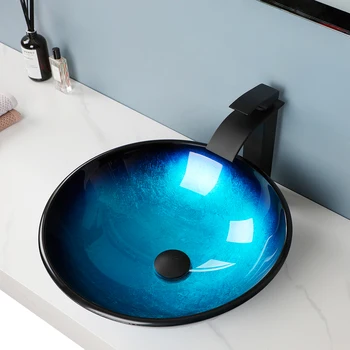 Раковины для ванной ZAPPO Blue Стеклянные Сосудистые раковины для Столешницы для ванной Комнаты, Круглый Смеситель для раковины, Комбинированная чаша для смесителя для ванной комнаты