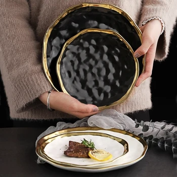 1 \ 2шт Позолоченный Черный фарфоровый набор обеденных тарелок Скандинавская керамическая тарелка для салата, десерта, Рождественская тарелка, полный набор посуды