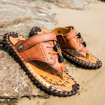 Большие размеры 48, Мужские сандалии из натуральной кожи, Летние Классические уличные мужские вьетнамки, Уличные пляжные нескользящие тапочки, мужская стильная обувь