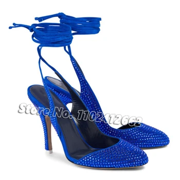 Синие блестящие босоножки с кристаллами, блестящие стразы, туфли-лодочки на высоком каблуке с круглым носком и ремешком на щиколотке, Свадебные женские туфли на шпильке