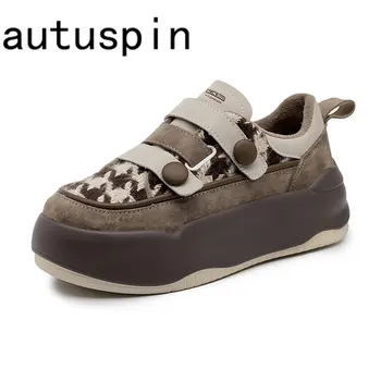 Autuspin/ модная спортивная обувь с круглым носком для женщин, весенне-осенние кроссовки для скейтборда из клетчатой ткани, повседневная обувь из натуральной кожи