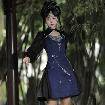 Платья в Китайском Стиле в стиле Лолиты Оригинальный Дизайн, Женская одежда Cospaly, Улучшенное Украшение в виде Цепочки с голубой Бабочкой, Тибетская Одежда