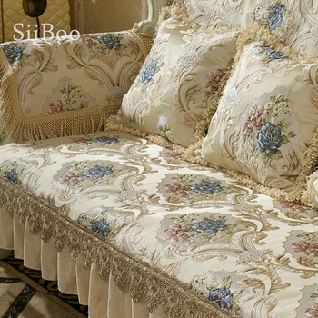 Роскошные чехлы для диванов с цветочной жаккардовой вышивкой в европейском стиле, секционные чехлы для диванов с кружевными оборками, чехлы для диванов SP5406