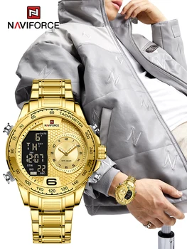 Мужские часы NAVIFORCE Люксового бренда, хронограф из нержавеющей стали, цифровые кварцевые наручные часы, Модные светящиеся водонепроницаемые часы