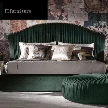 Современная европейская кровать из массива дерева для 2 человек, модная резная кожаная французская мебель для спальни King Size jxj70