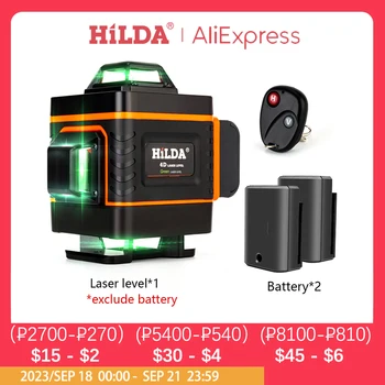 Лазерный уровень HILDA 16 линий 4D cross line 2 батарейки Зеленый лазерный уровень самовыравнивающийся уровень лазерный горизонт вертикальная мера