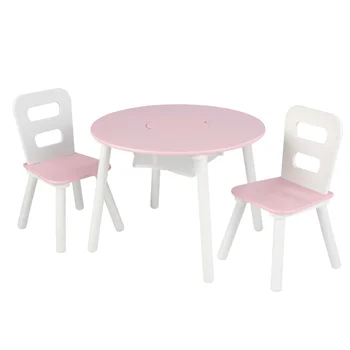 Деревянный детский круглый стол для хранения и набор из 2 стульев, розовый и белый Детский стол и набор стульев детский стол