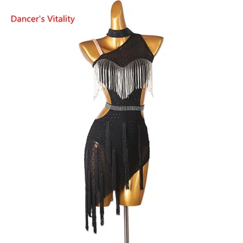 Профессиональная одежда для латиноамериканских танцев, женская одежда для латиноамериканских танцев, Фирменное платье для латиноамериканских танцев, юбка с кисточками, одежда для Румбы