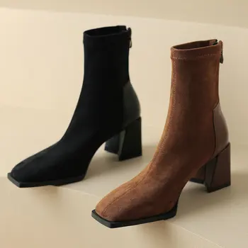 Классические женские полусапожки на высоком каблуке с квадратным носком из натуральной кожи на молнии сзади, повседневная офисная женская обувь, осень-зима