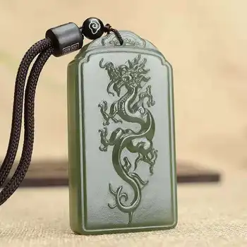 Подвеска из натурального зеленого нефрита, вырезанная вручную, подвески из нефрита с драконом, ювелирные изделия из нефрита, ожерелье из нефрита