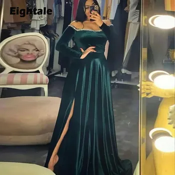 Женское вечернее платье Eightale, арабское платье для выпускного вечера, темно-зеленое бархатное свадебное платье трапециевидной формы с длинными рукавами, расшитое бисером