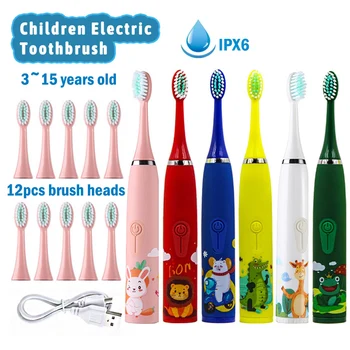 Мультяшная детская Электрическая Зубная щетка Со сменными головками 12шт, Ультразвуковая Перезаряжаемая щетка для чистки мягких волос для детей