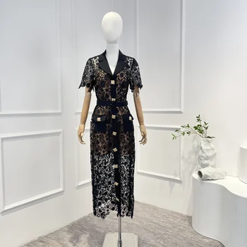 2023 высококачественное однотонное черное платье миди с цветочным узором и кружевными пуговицами спереди для женщин
