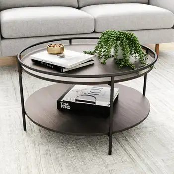 Круглый журнальный столик Paloma для чая или коктейлей с 2-уровневым минималистичным краем, темный дуб/матово-черный